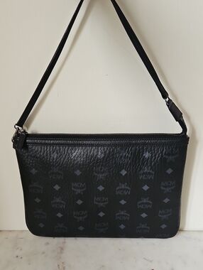 MCM: NEW Black Leather Monogram Pochette Shoulder Bag